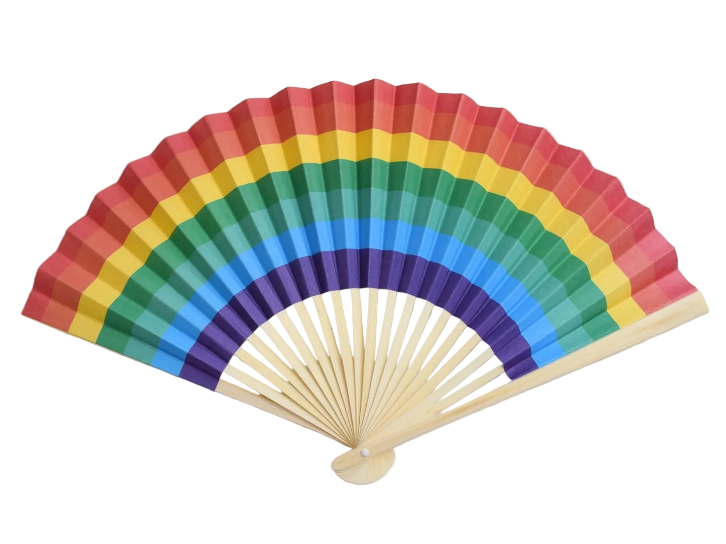 A traditional folding hand fan with rainbow paper and a natural bamboo handle, shown partially open.