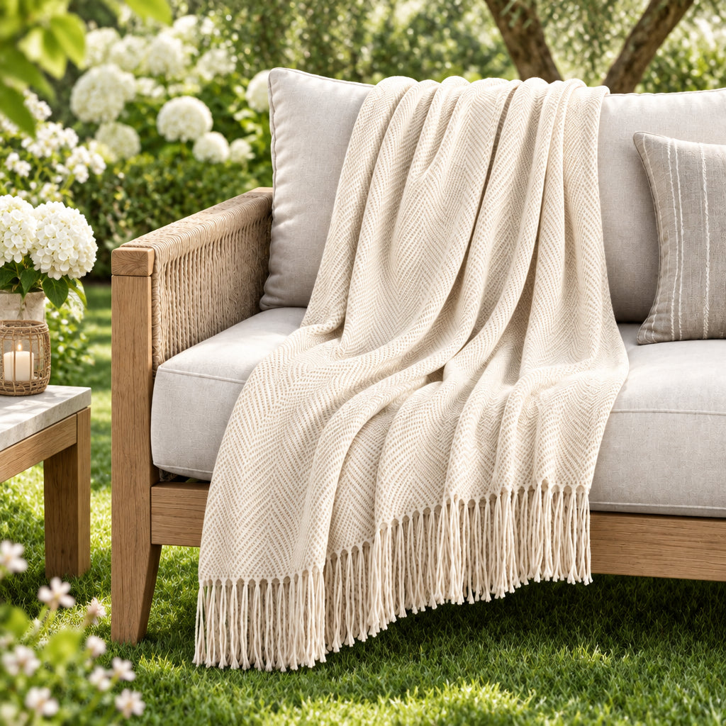 Ivory herringbone blankets on outdoor couch.