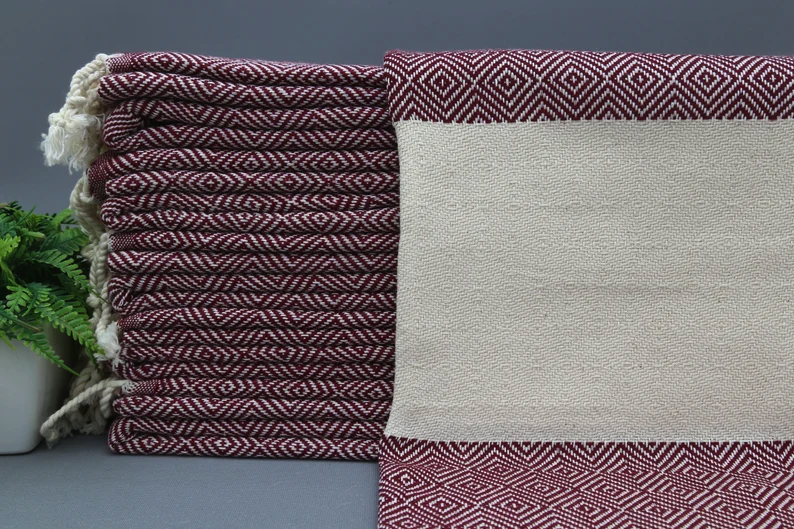 Burgundy Diamond Classic Turkish Towel in premium cotton, lightweight, quick-drying, and perfect for travel, beach, spa, and luxe gifts
