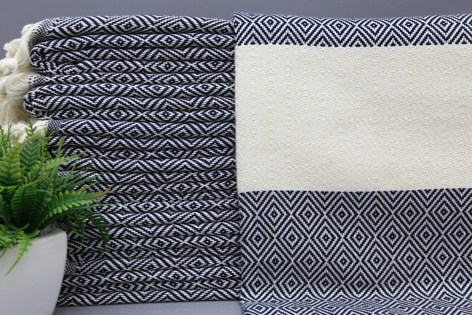 Dark Navy Diamond Classic Turkish Towel in premium cotton, lightweight, quick-drying, and perfect for travel, beach, spa, and luxe gifts