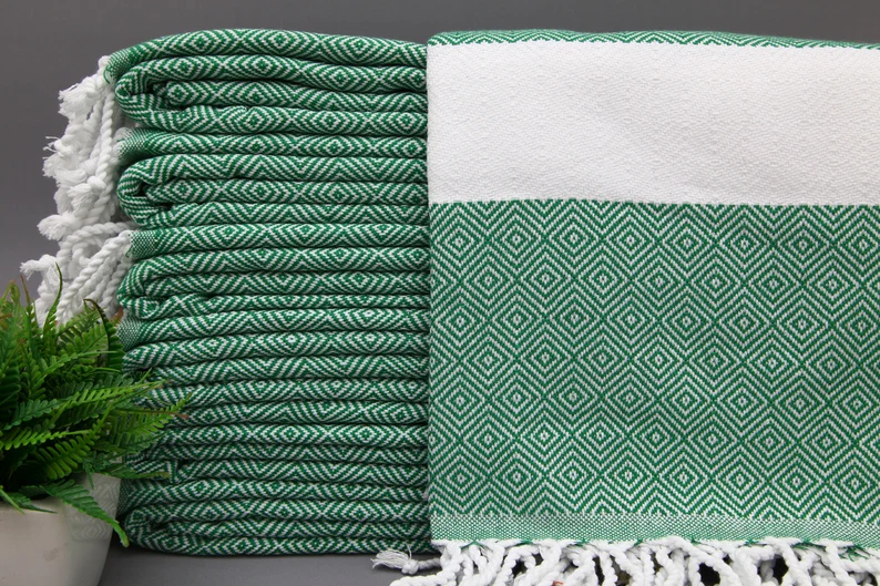 Green Diamond Classic Turkish Towel in premium cotton, lightweight, quick-drying, and perfect for travel, beach, spa, and luxe gifts