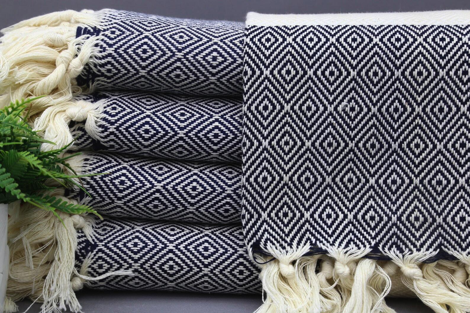 Navy Diamond Classic Turkish Towel in premium cotton, lightweight, quick-drying, and perfect for travel, beach, spa, and luxe gifts