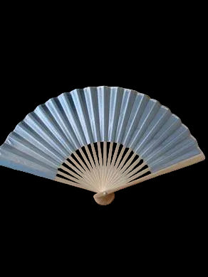A blue paper fan, opened.
