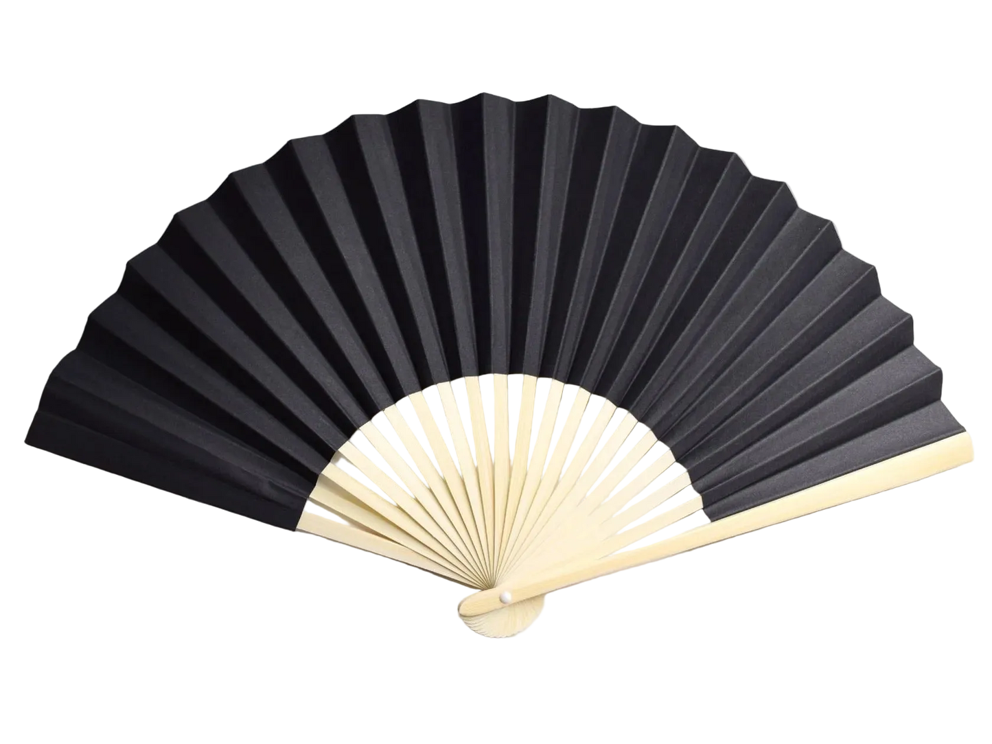 A traditional folding hand fan with black paper and a light natural wood handle, shown partially open.