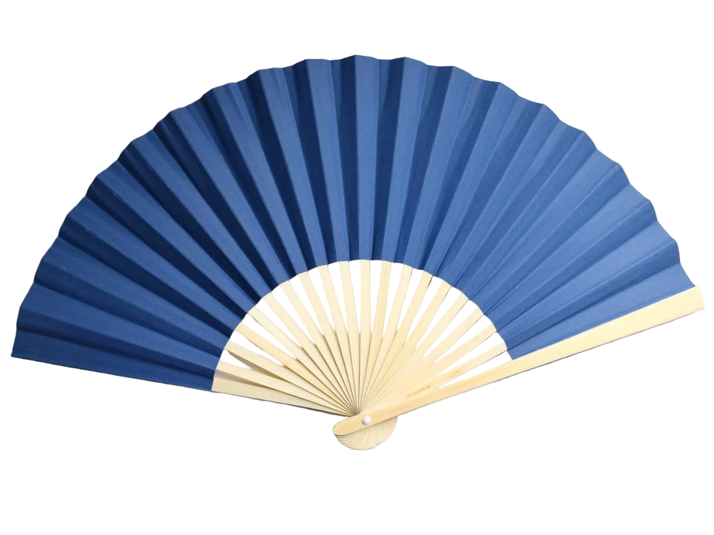 A traditional folding hand fan with blue paper and a natural bamboo frame, shown partially open.
