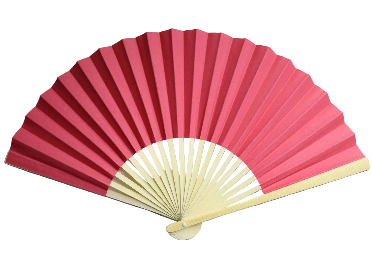 A traditional folding hand fan with fuchsia paper and a light wood frame.