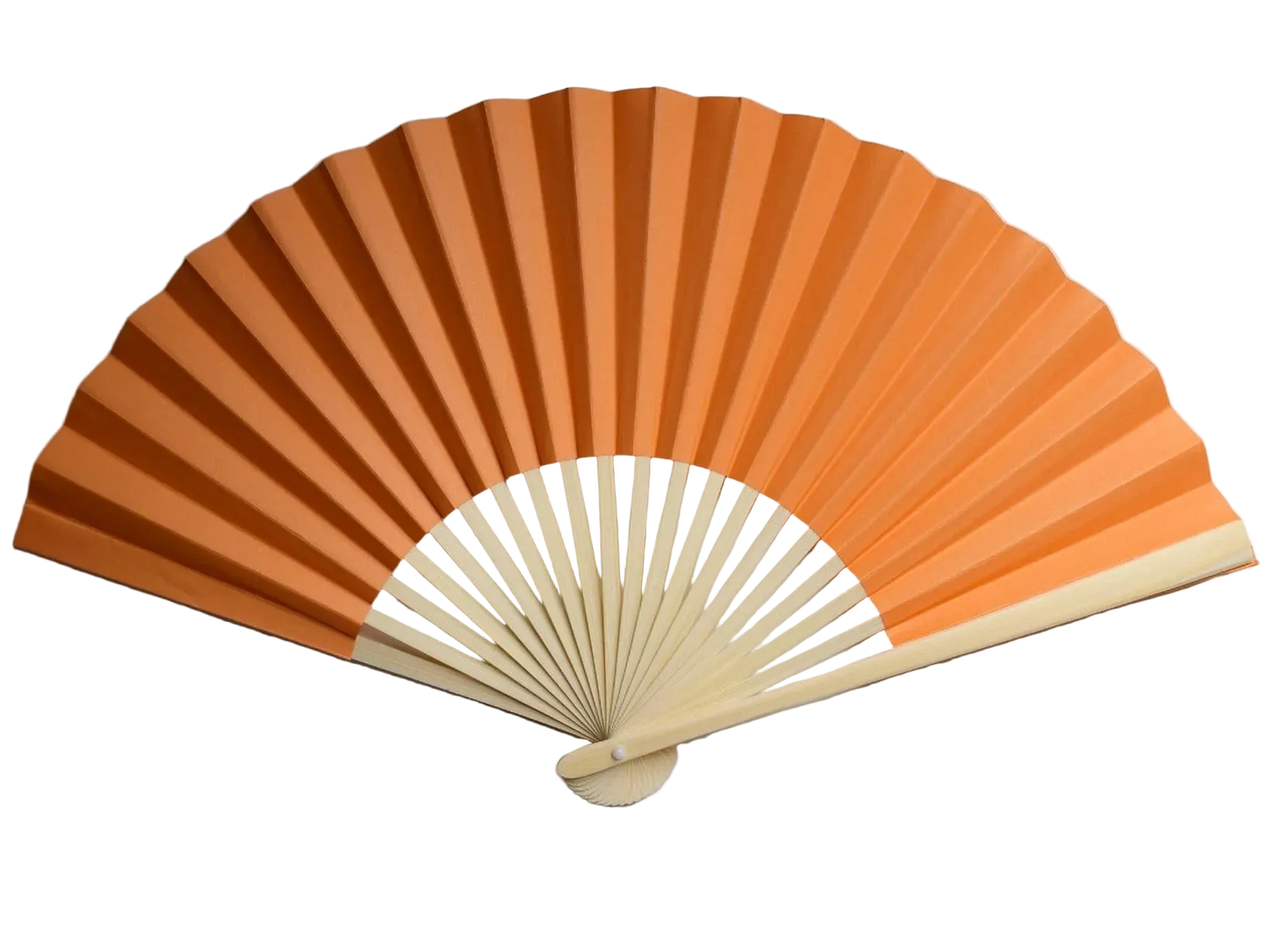 A traditional folding hand fan with orange paper ribs and a natural bamboo handle, shown partially open.