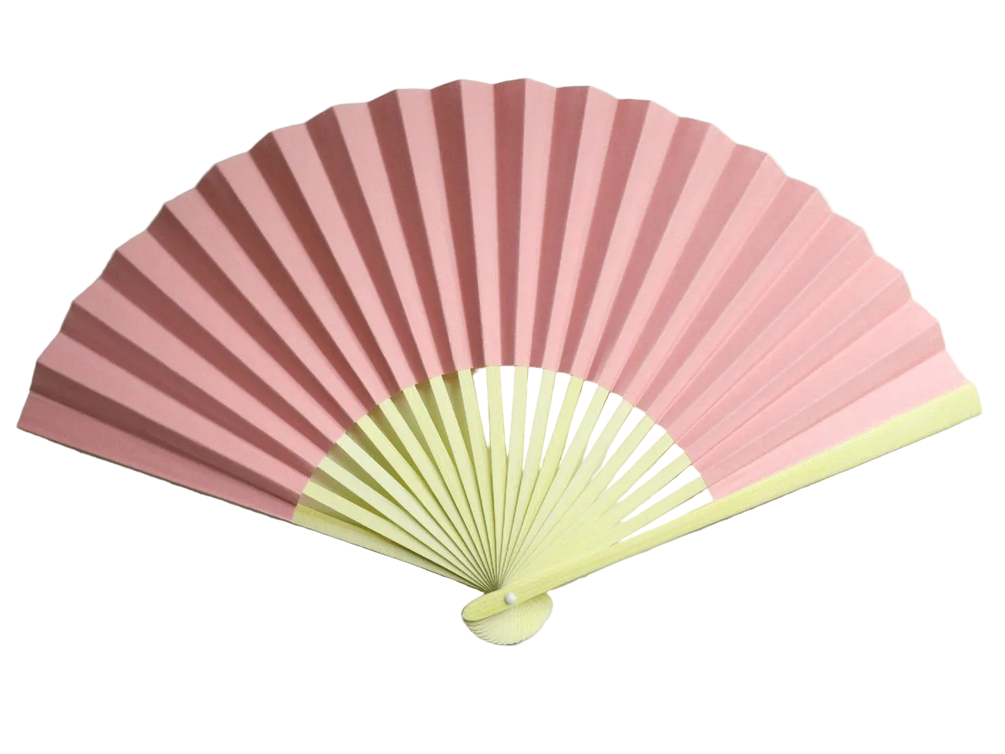 A traditional folding hand fan with pink paper ribs and a natural bamboo handle, shown partially open.