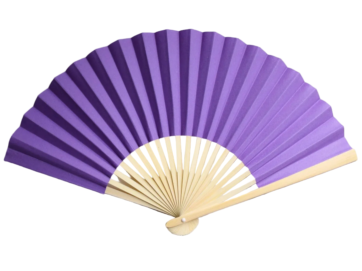 A traditional folding hand fan with purple paper ribs and a natural bamboo handle, shown partially open.