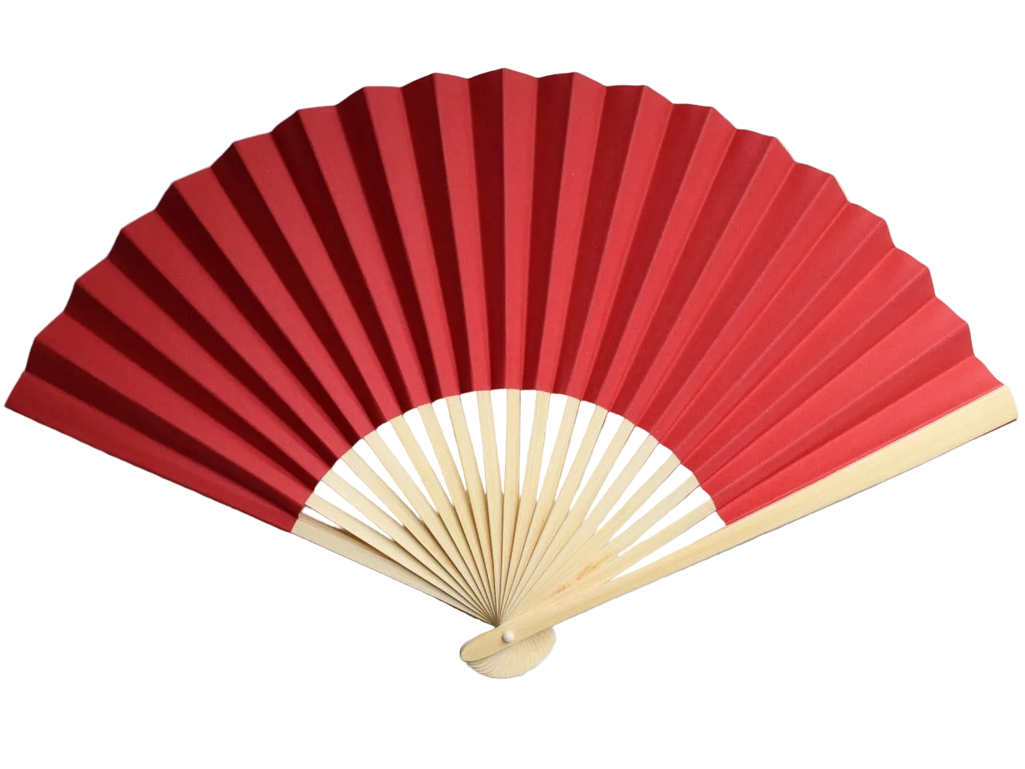 A traditional folding hand fan with red paper and a natural bamboo handle, shown partially open.