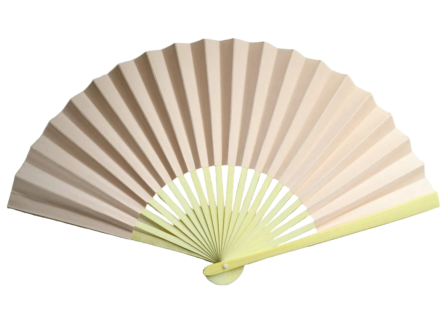 A traditional folding hand fan with rose quartz paper and a natural bamboo handle, shown partially open.