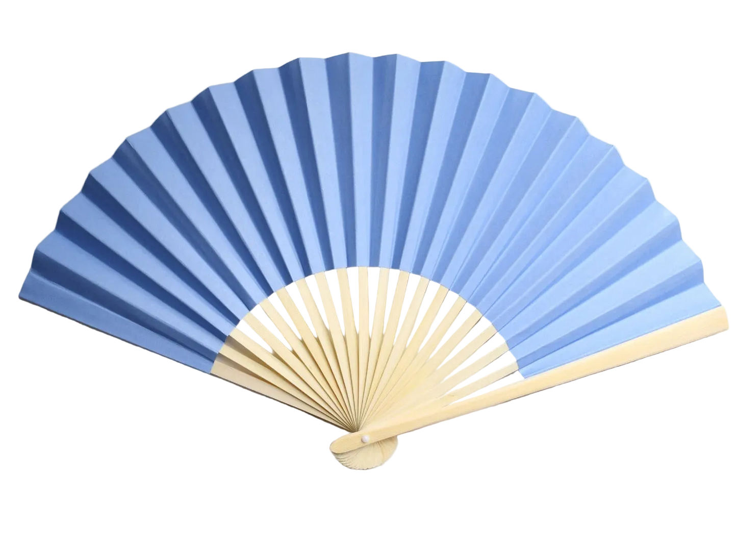 A traditional folding hand fan with serenity blue paper and a natural bamboo handle, shown partially open.