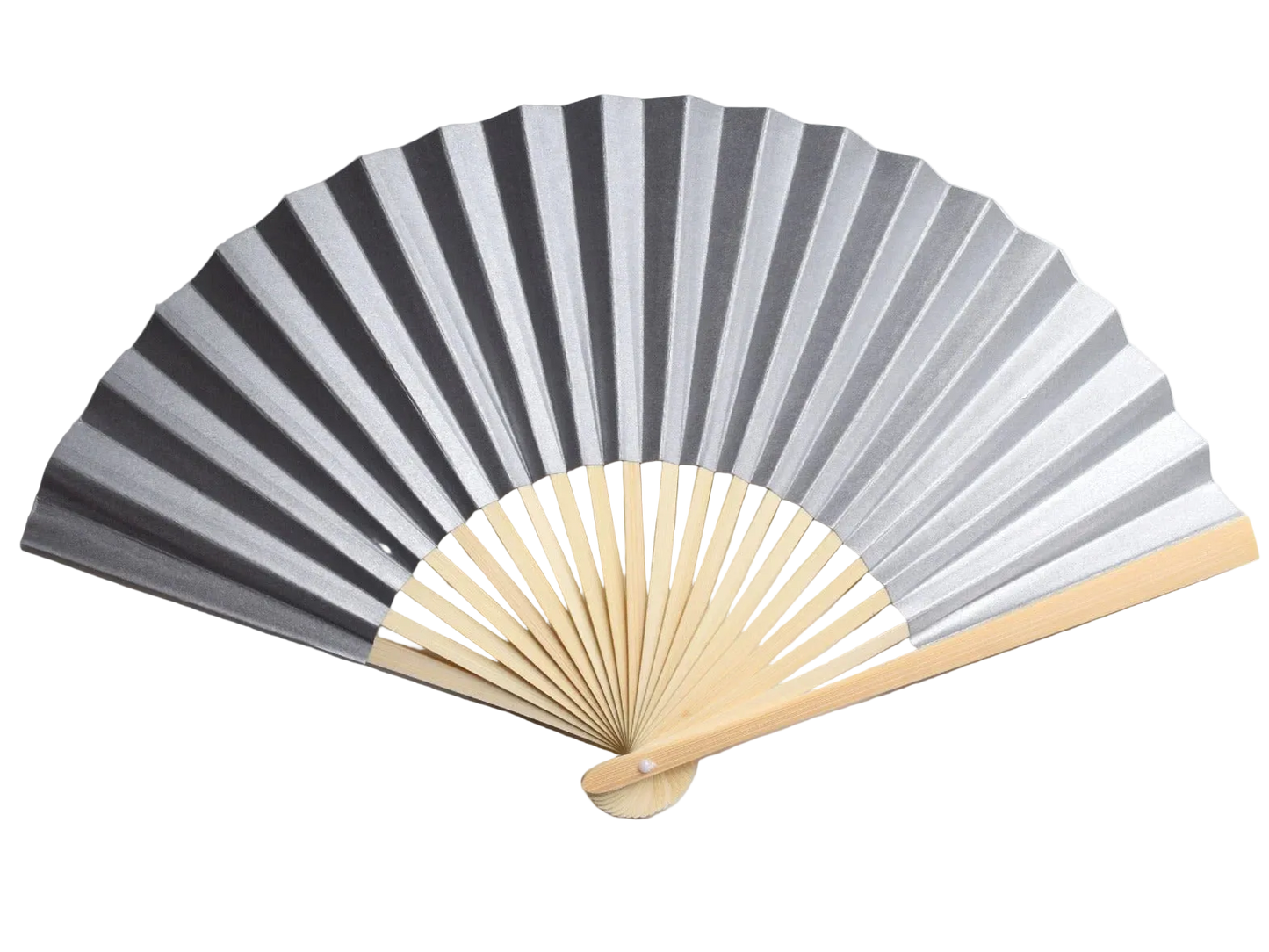 A traditional folding hand fan with silver paper and a natural bamboo handle, shown partially open.
