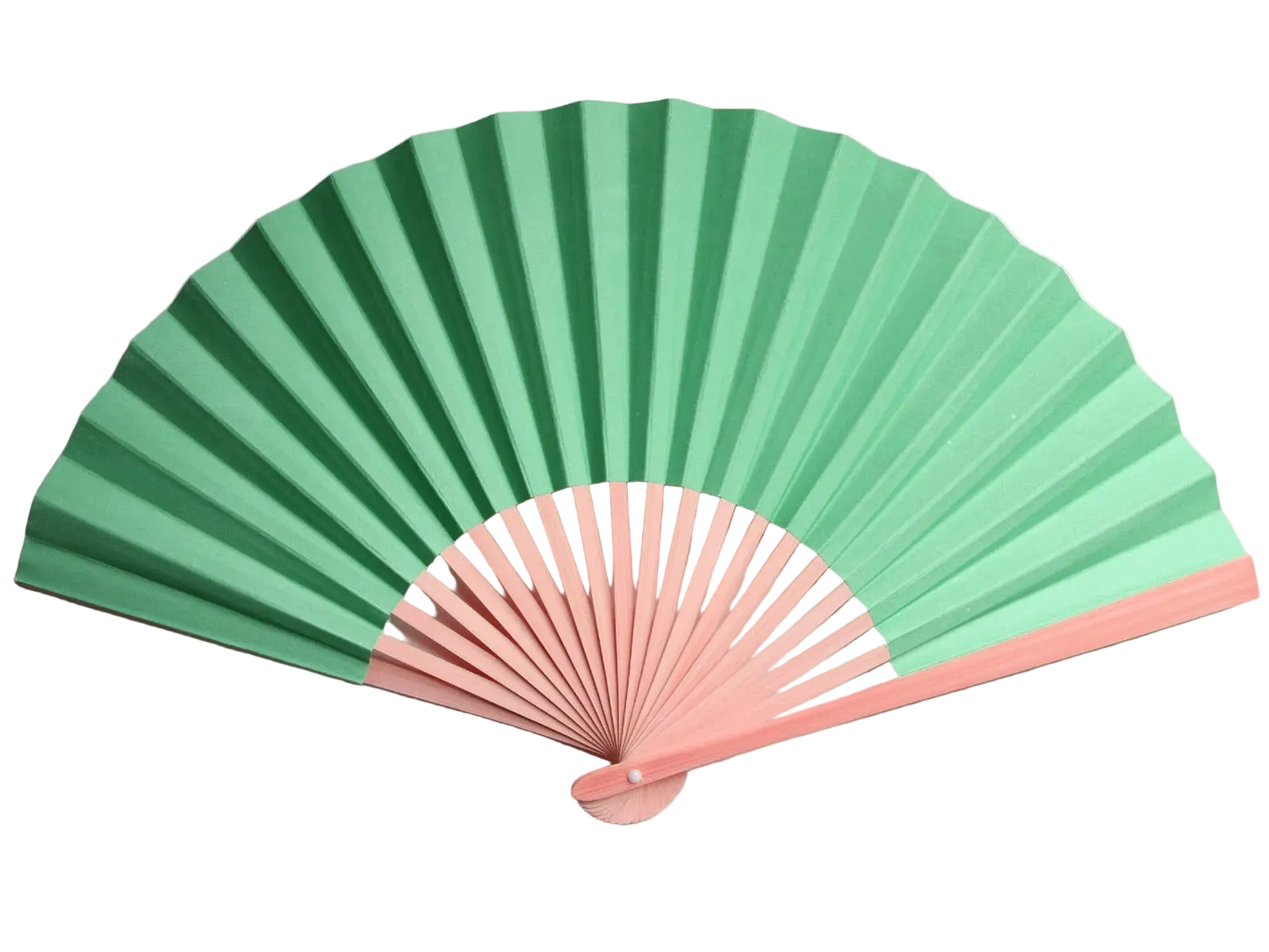 A traditional folding hand fan with teal paper and a natural bamboo handle, shown partially open.