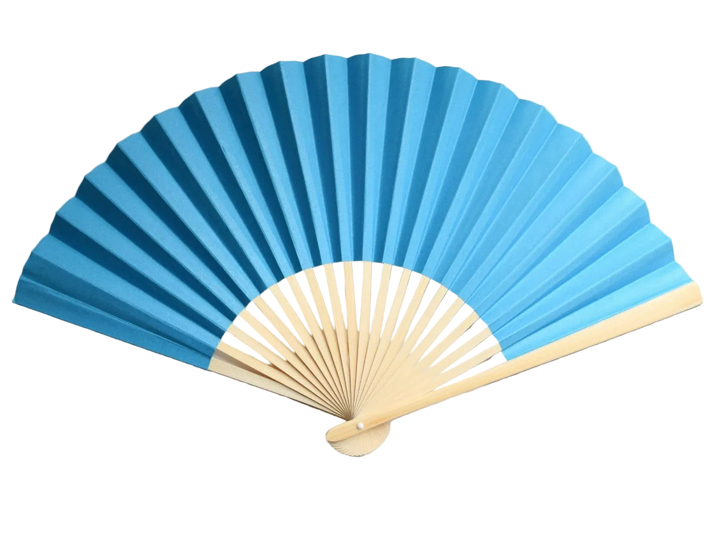 A traditional folding hand fan with turquoise paper and a natural bamboo handle, shown partially open.