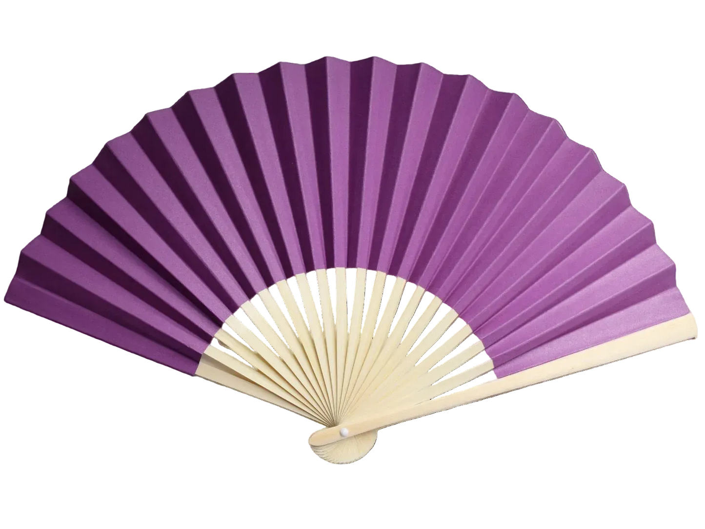 A traditional folding hand fan with violet paper and a natural bamboo handle, shown partially open.