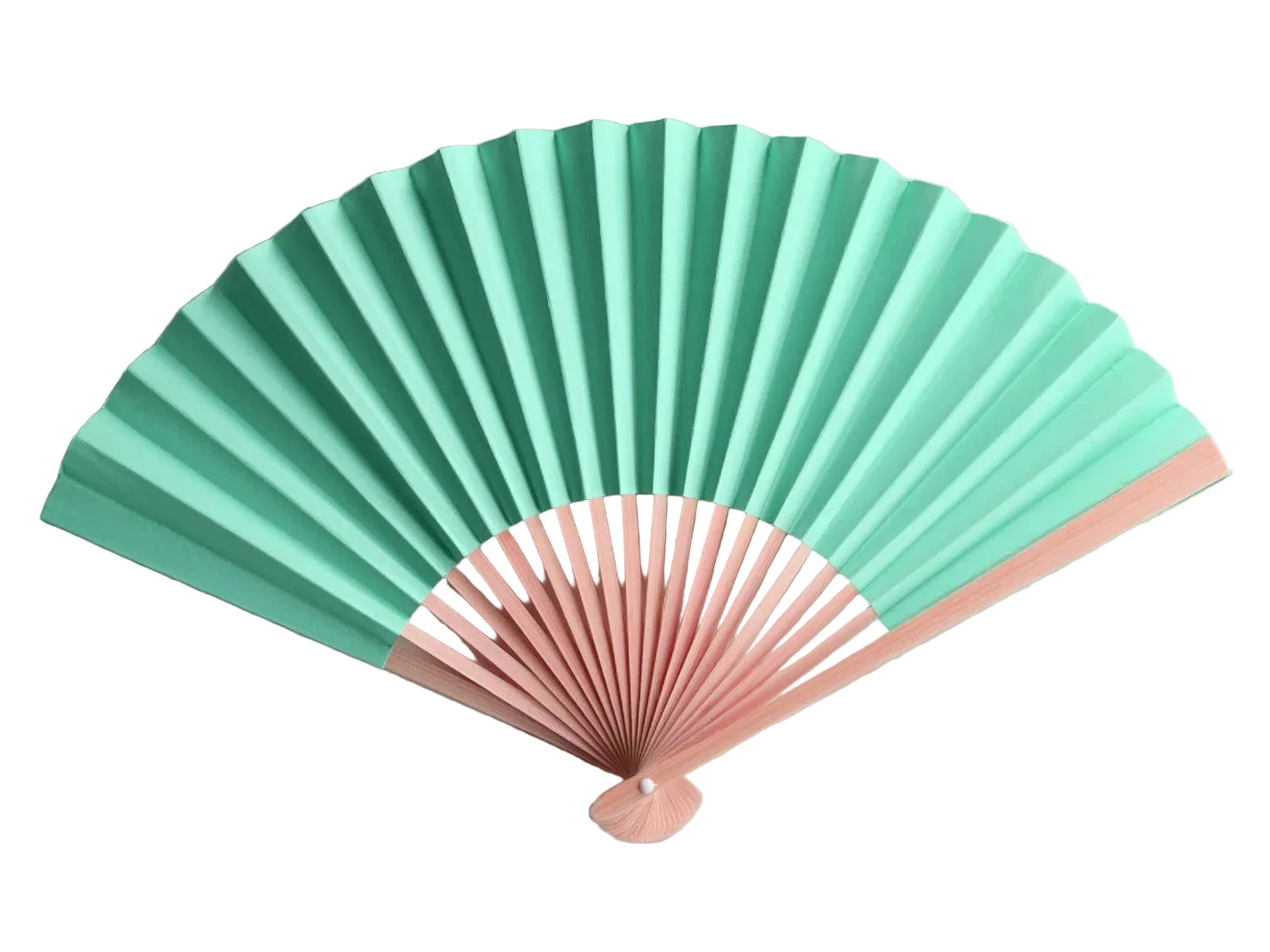 A traditional folding hand fan with water blue paper and a natural bamboo handle, shown partially open.