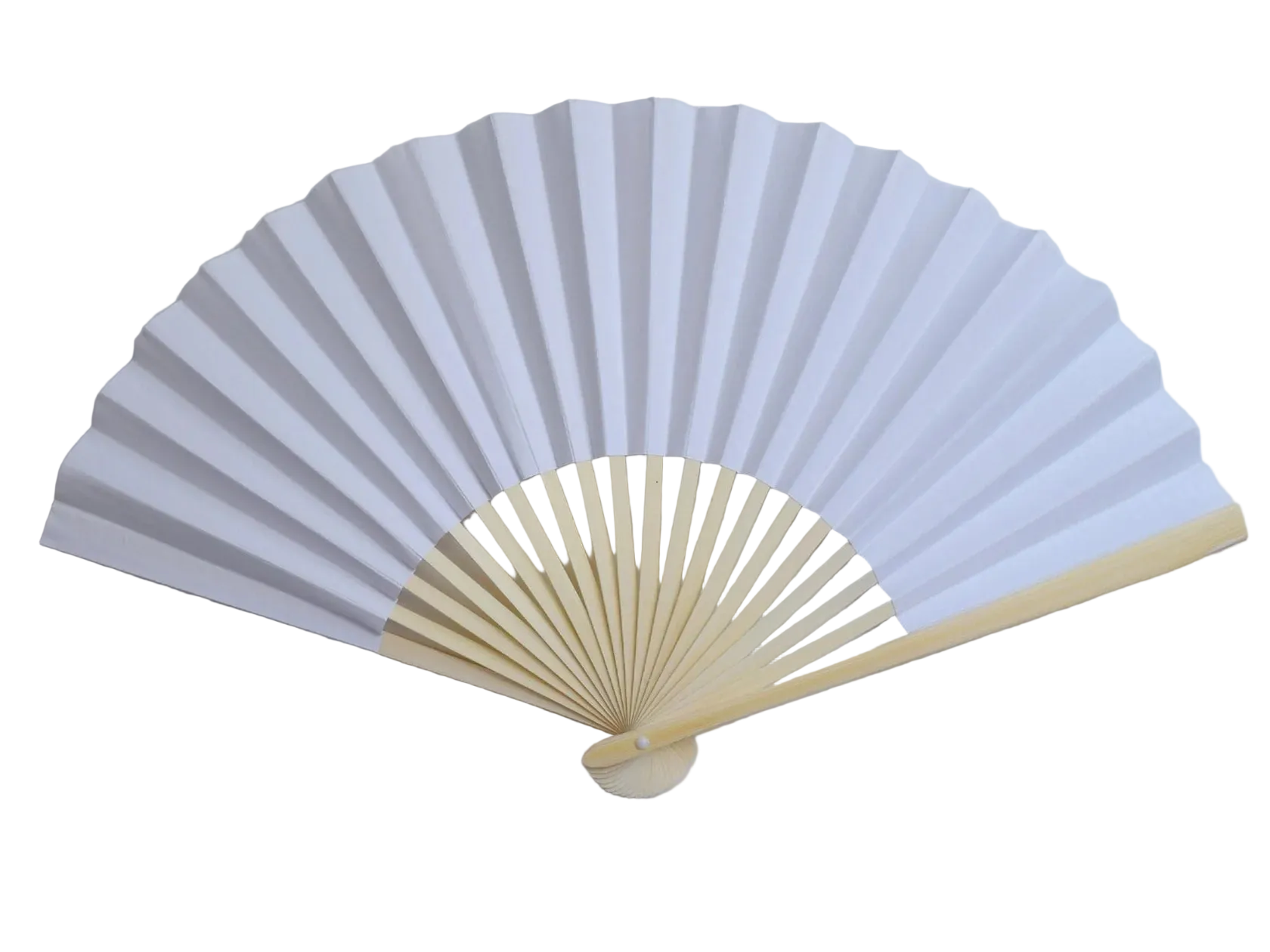 A traditional folding hand fan with white paper or fabric outer panels and a light natural wood frame, shown fully opened.