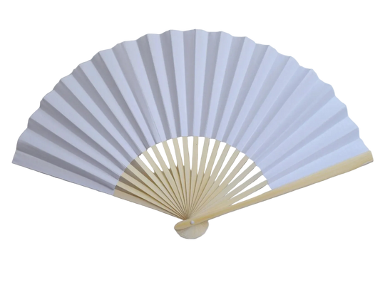 A traditional folding hand fan with white paper or fabric outer panels and a light natural wood frame, shown fully opened.