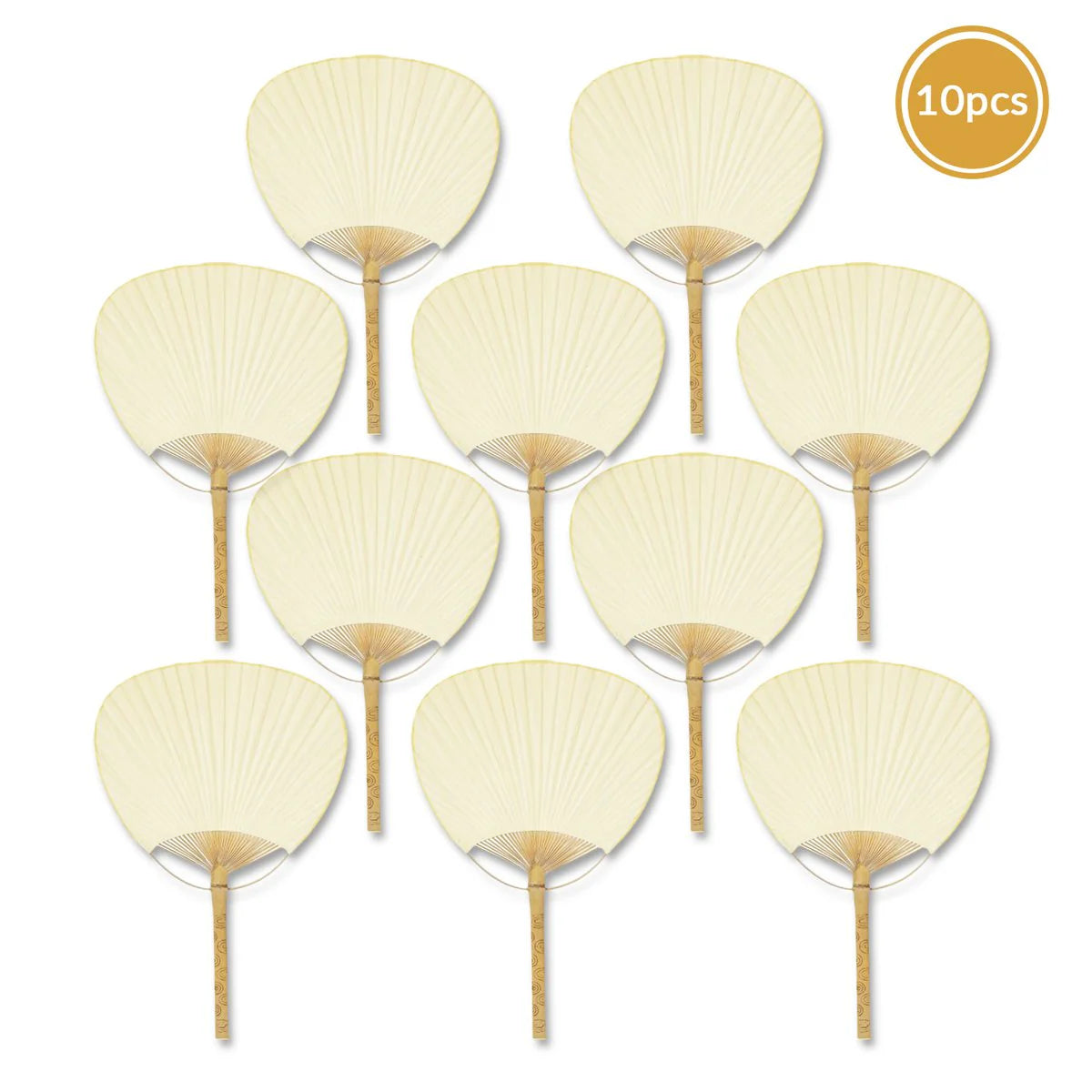 Beige paper paddle fan with wooden handle for weddings, events, and guest favors