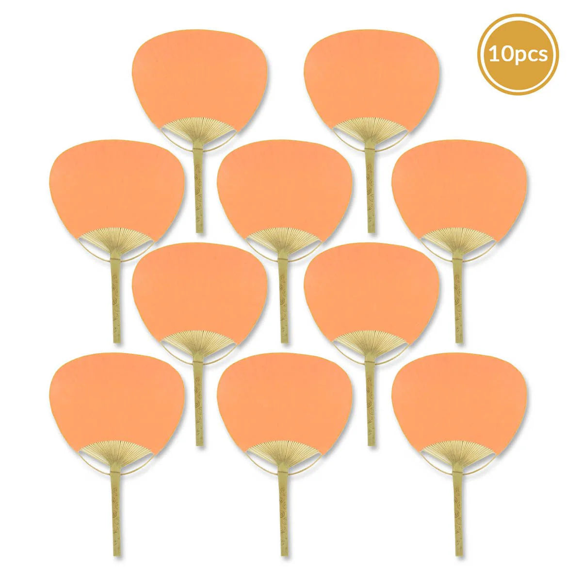 Orange paper paddle fan with wooden handle for weddings, events, and guest favors