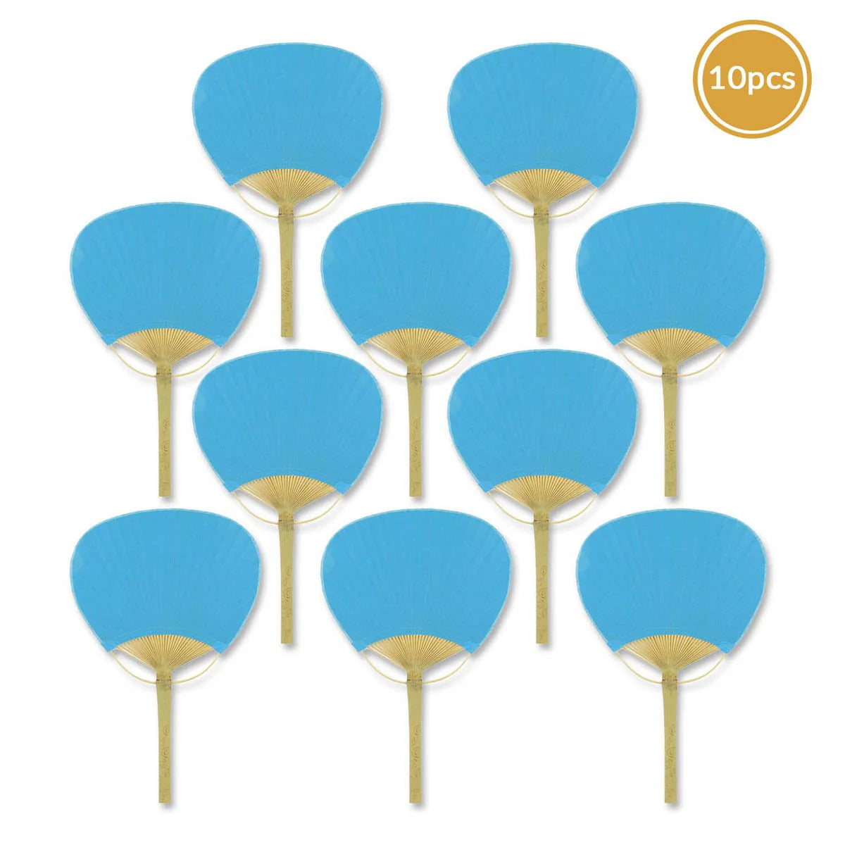 Turquoise paper paddle fan with wooden handle for weddings, events, and guest favors