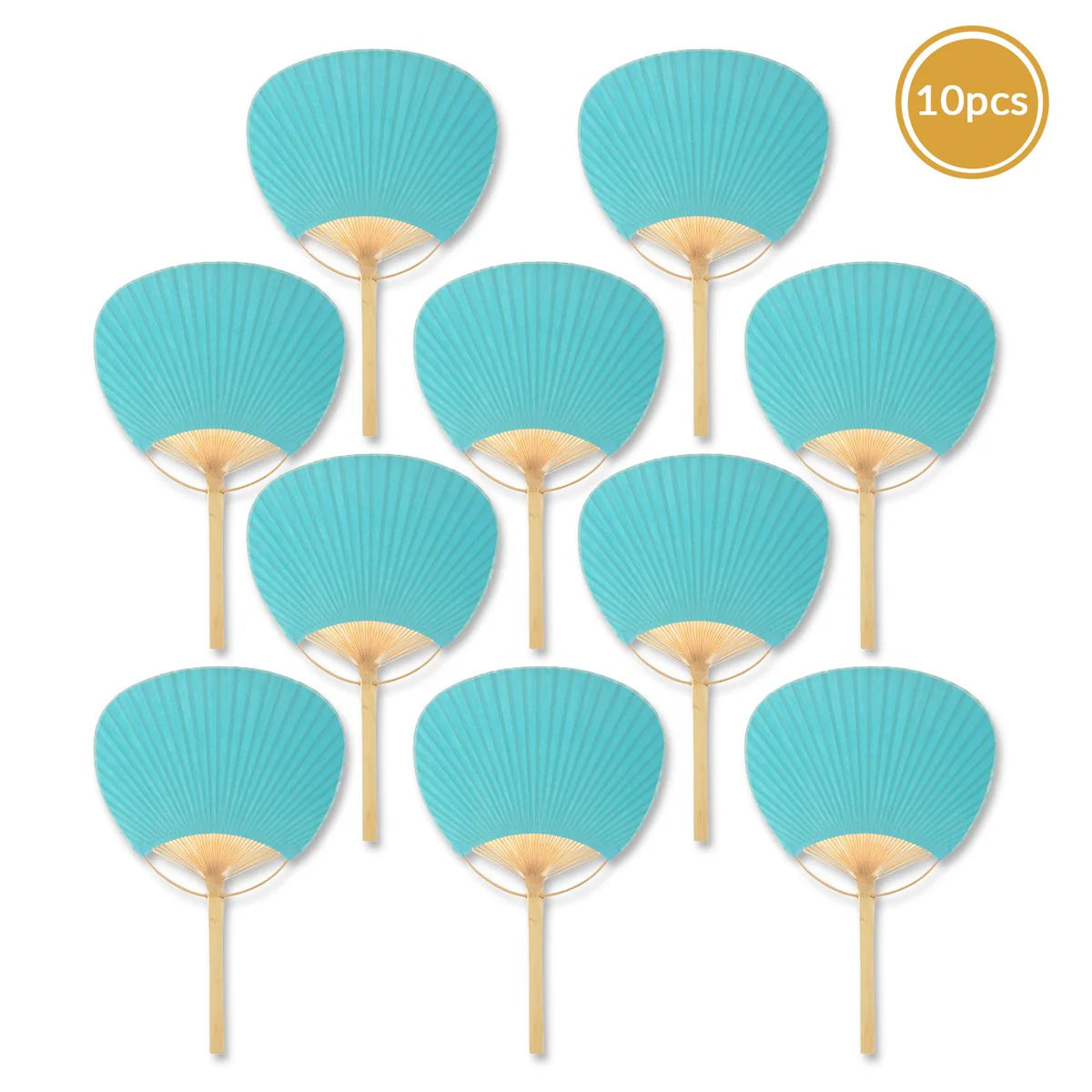 Water Blue paper paddle fan with wooden handle for weddings, events, and guest favors