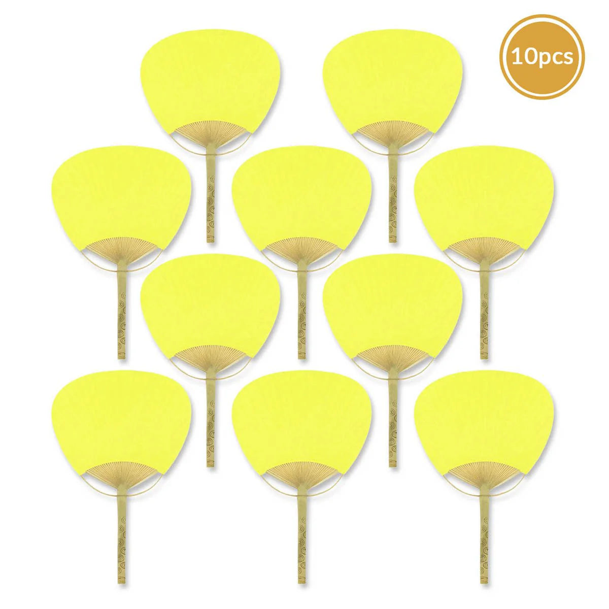 Yellow paper paddle fan with wooden handle for weddings, events, and guest favors