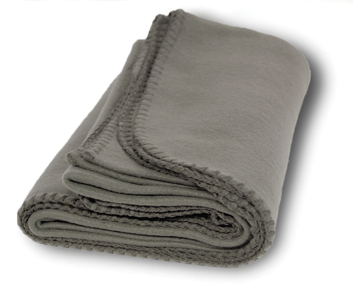 Charcoal fleece blanket with whipstitched hem